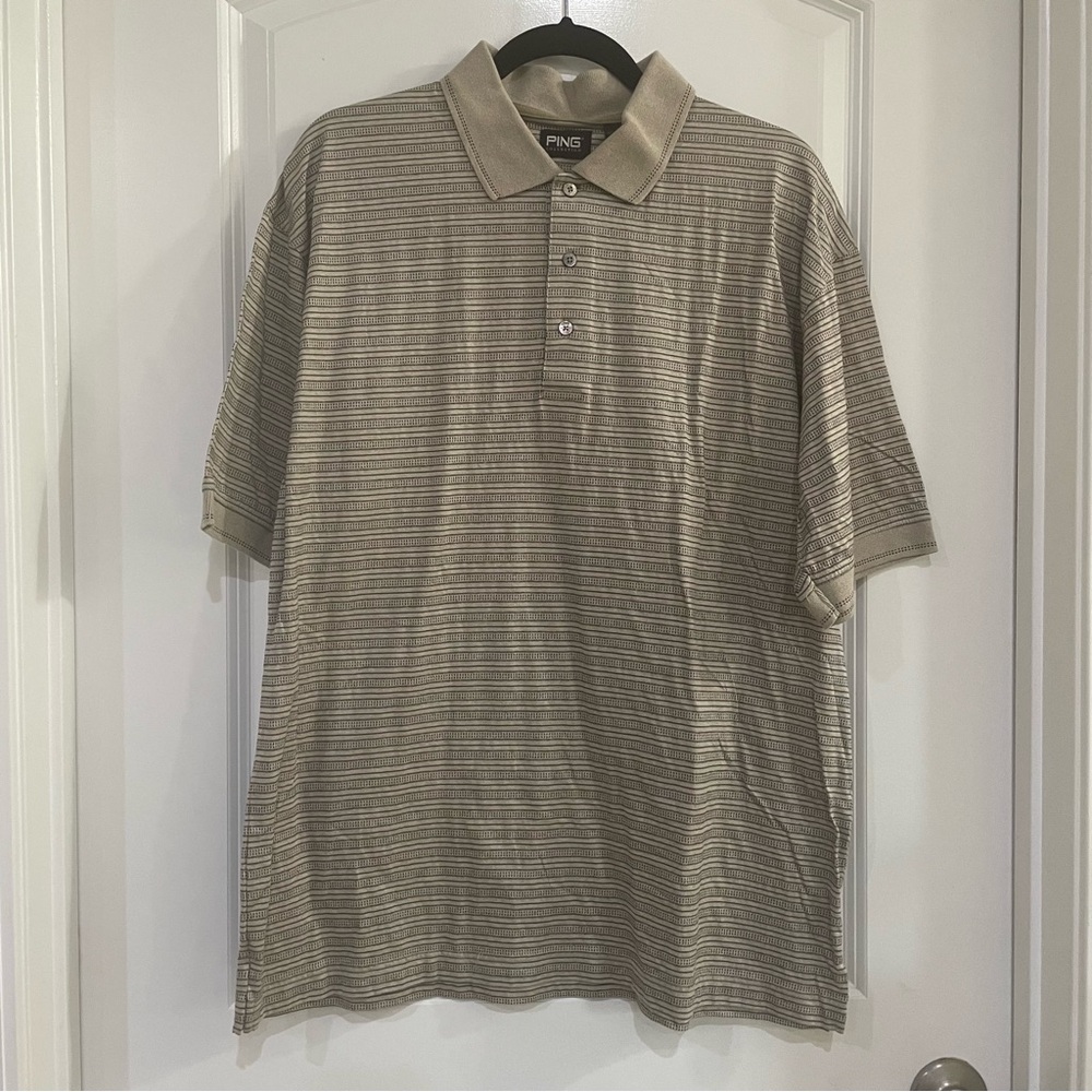 PING golf collection shirt tan color with stripes cotton mens size Large.polo